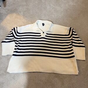 GAP XXL Striped Rugby Sweater Women Navy Cotton Polo Collar Pullover Natical
